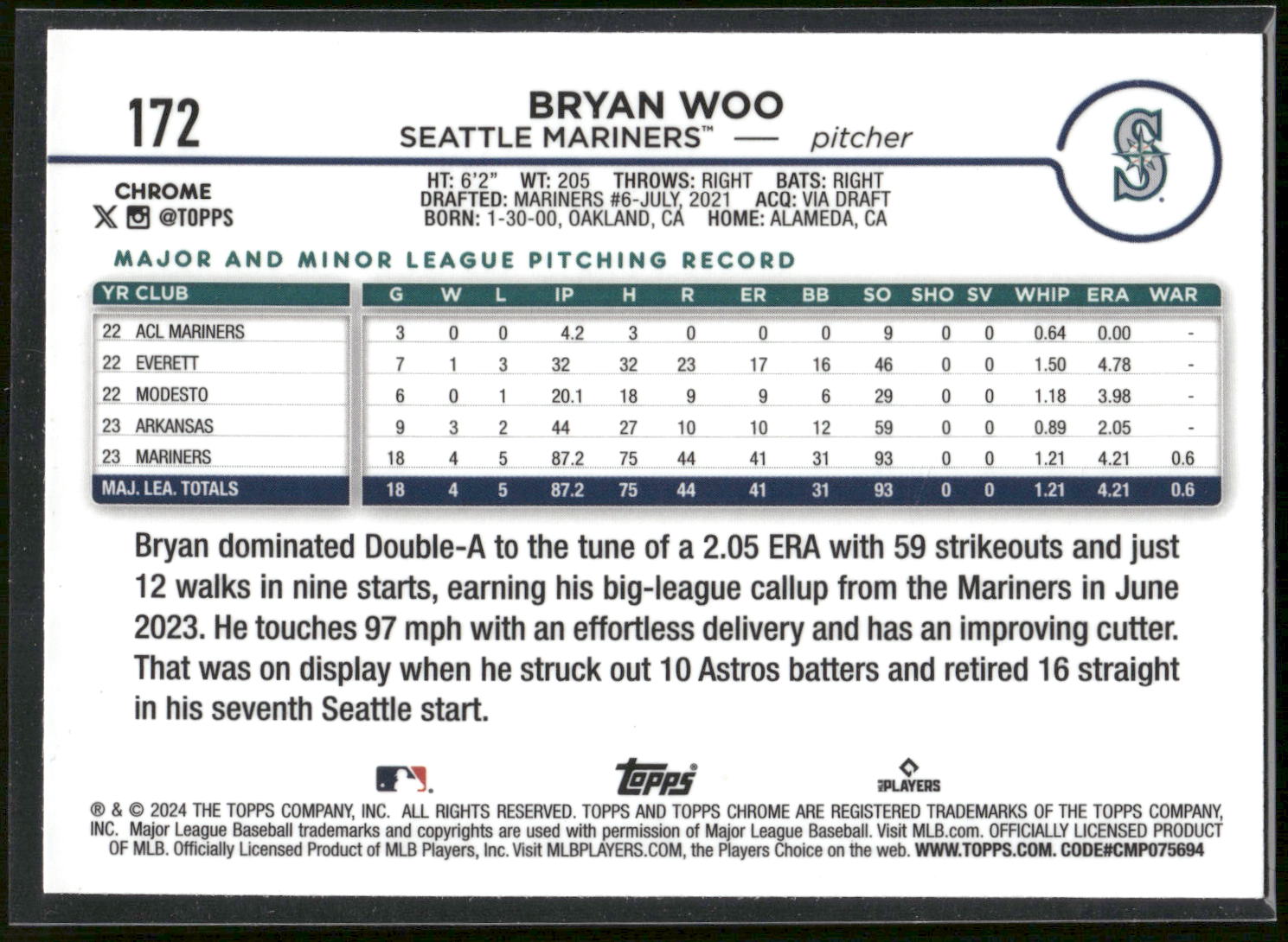 2024 Topps Chrome #172 Bryan Woo Refractors