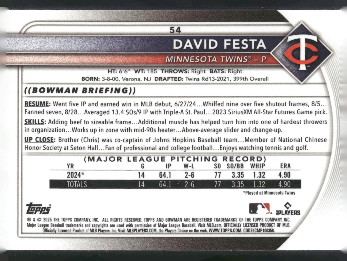 2025 Bowman Chrome #54 David Festa