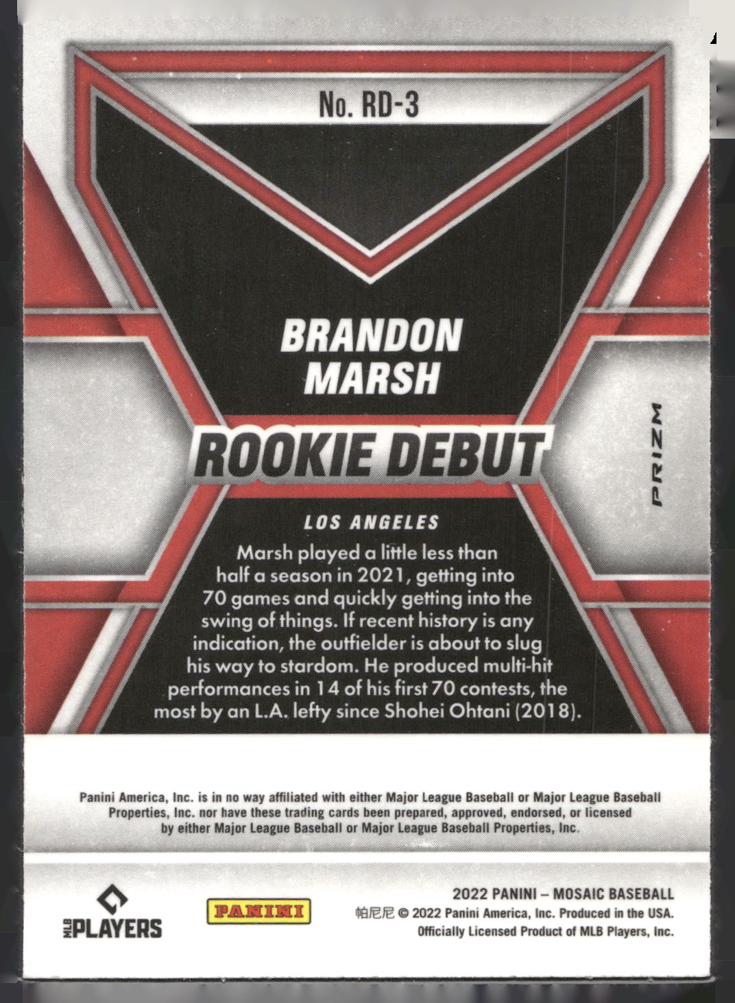 2022 Panini Mosaic #RD-3 Brandon Marsh Rookie Debut Green Mosaic