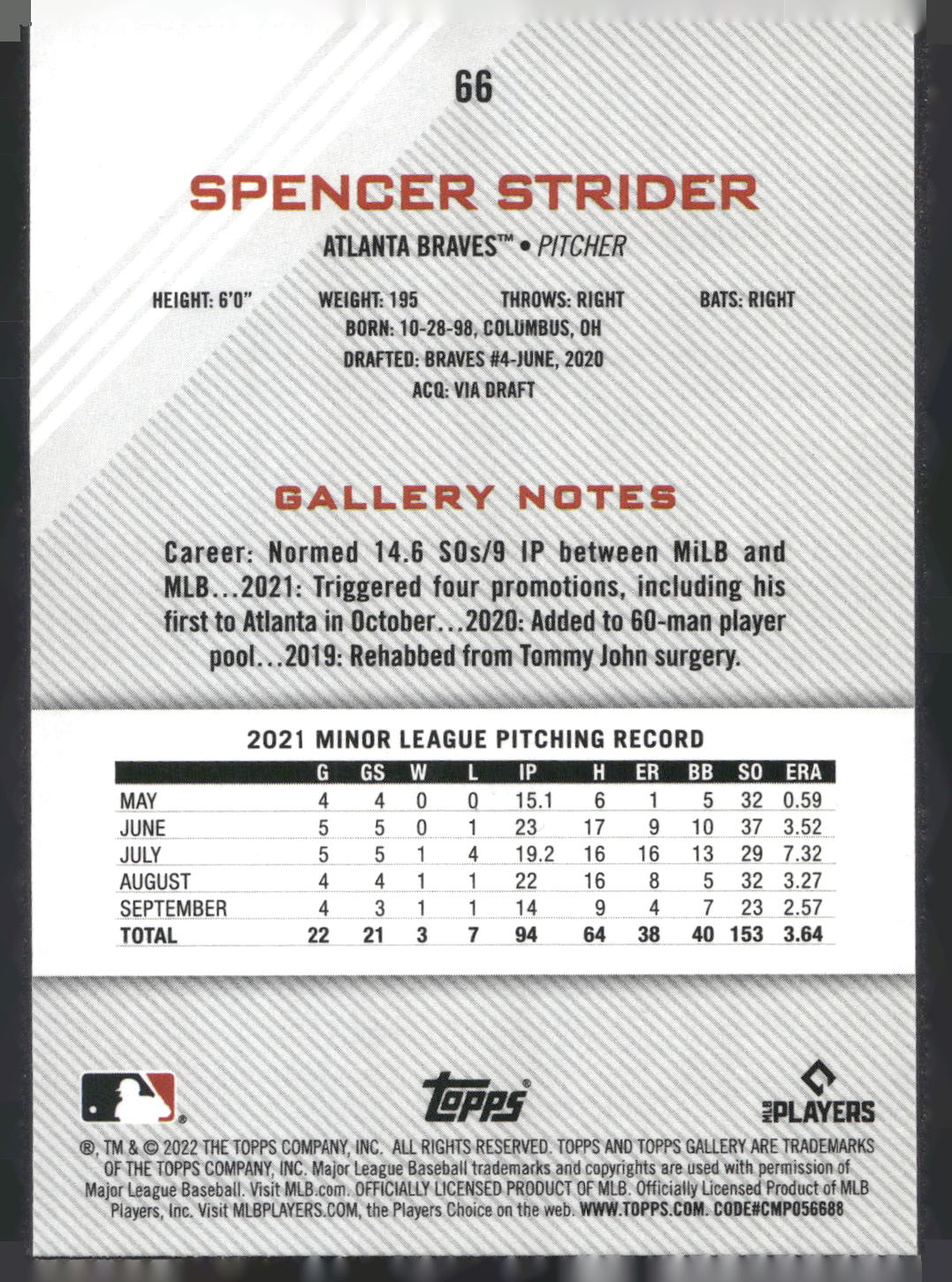 2022 Topps Gallery #66 Spencer Strider