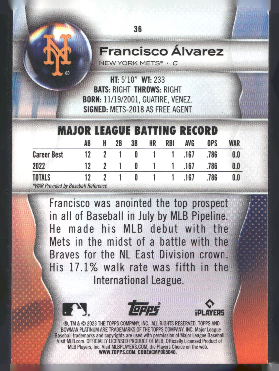 2023 Bowman Platinum #36 Francisco Álvarez Ice Foil