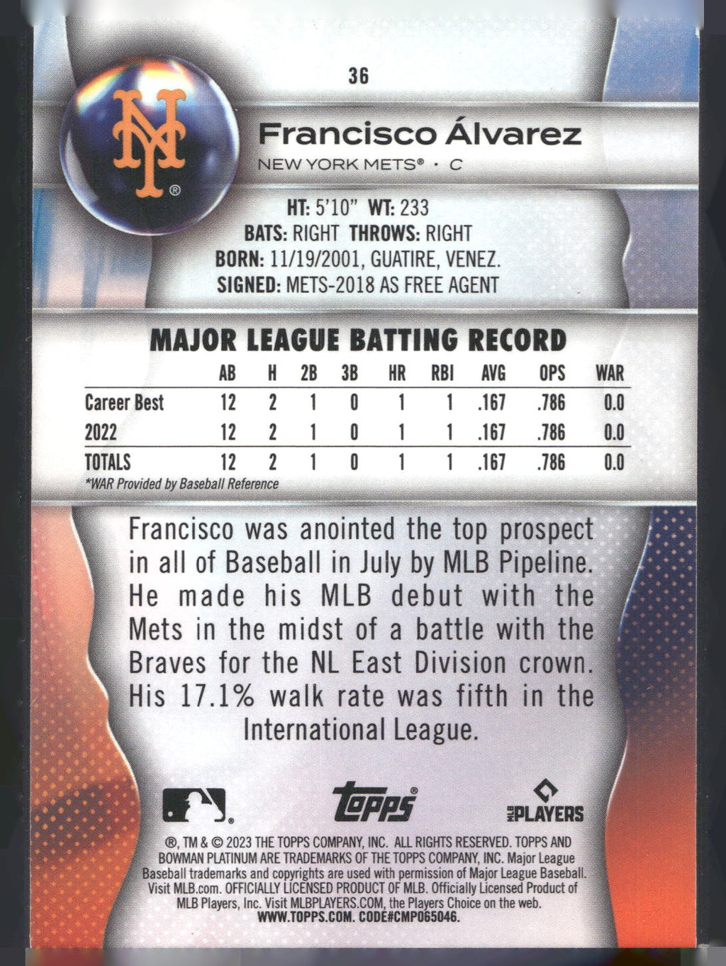 2023 Bowman Platinum #36 Francisco Álvarez Ice Foil