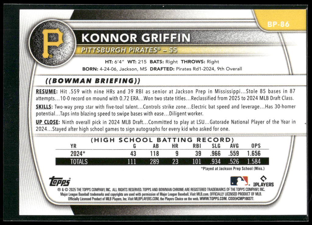2025 Bowman #BP-86 Konnor Griffin Prospects