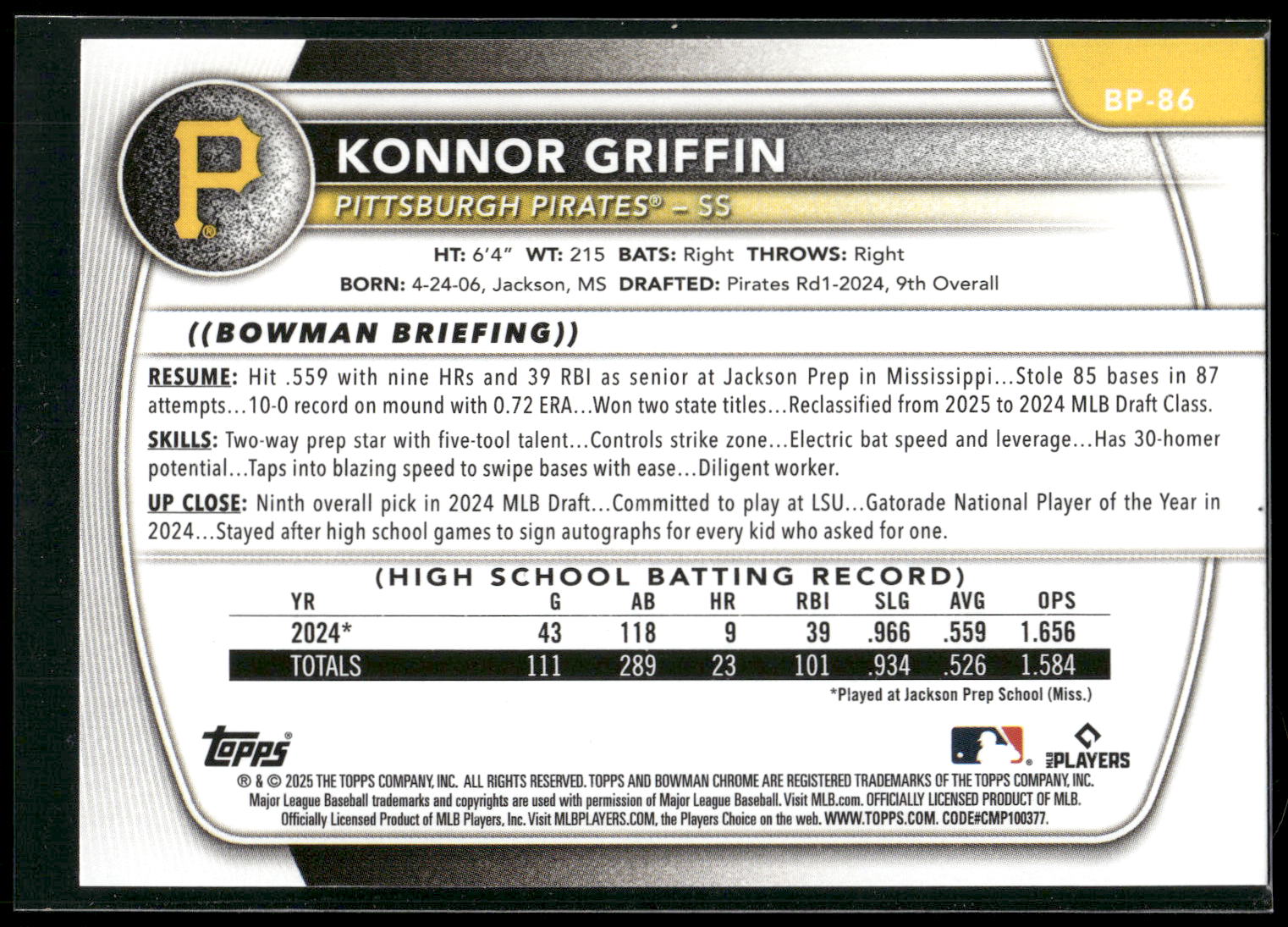 2025 Bowman #BP-86 Konnor Griffin Prospects