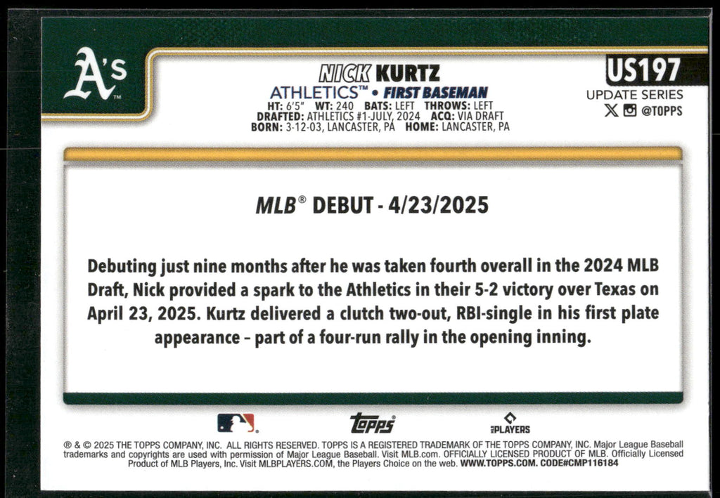 2025 Topps Update #US197 Nick Kurtz