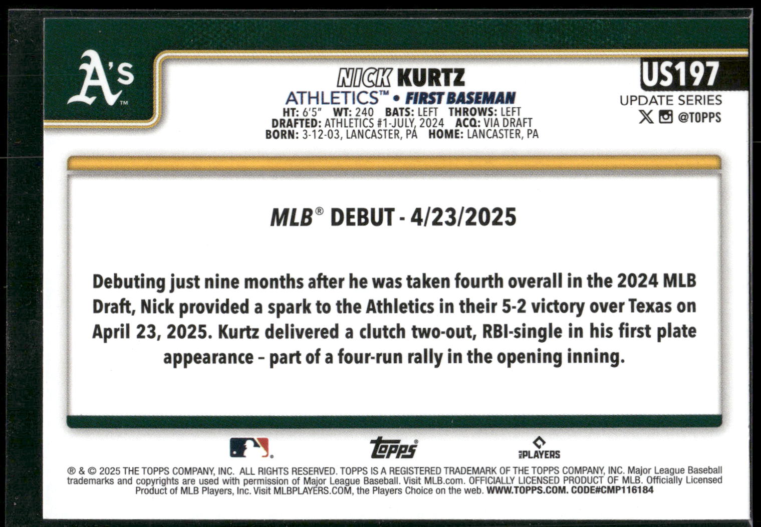 2025 Topps Update #US197 Nick Kurtz
