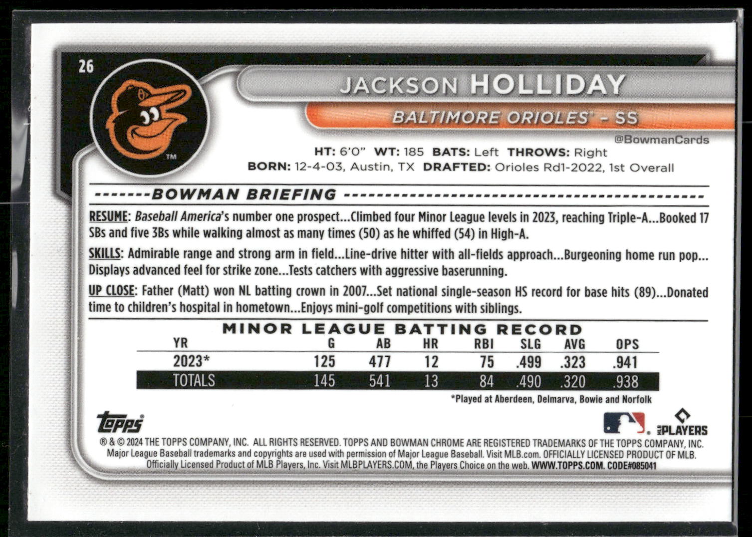 2024 Bowman Chrome #26 Jackson Holliday