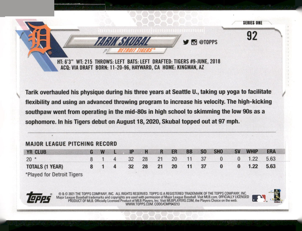 2021 Topps #92a Tarik Skubal