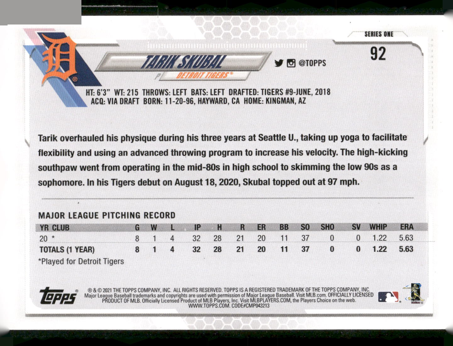 2021 Topps #92a Tarik Skubal