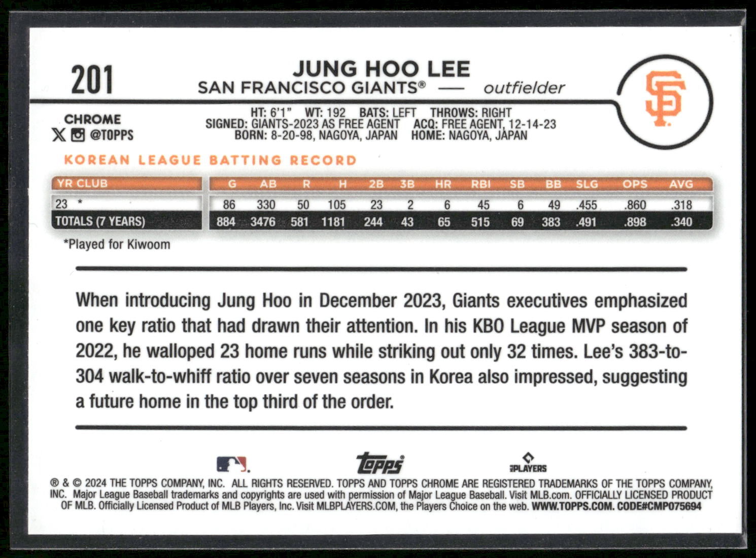 2024 Topps Chrome #201 Jung Hoo Lee