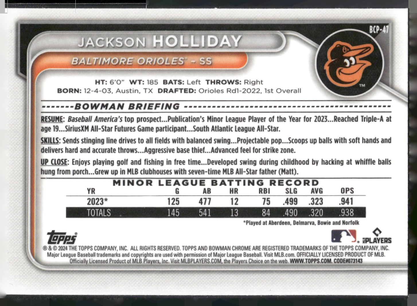 2024 Bowman #BCP-47 Jackson Holliday Chrome Prospects