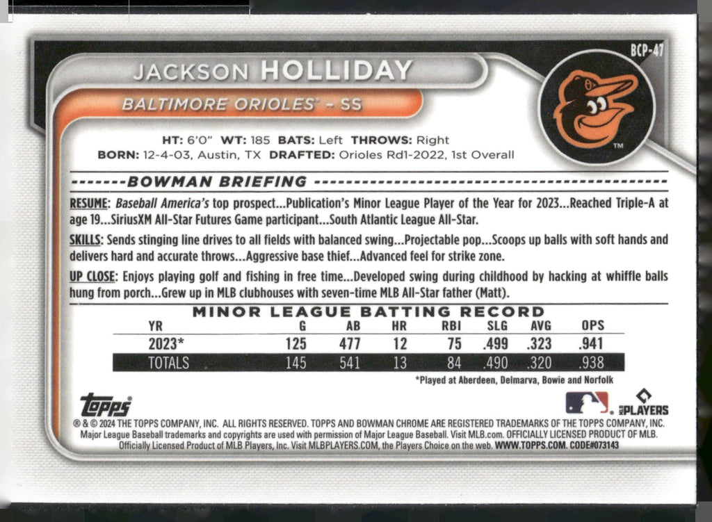 2024 Bowman #BCP-47 Jackson Holliday Chrome Prospects