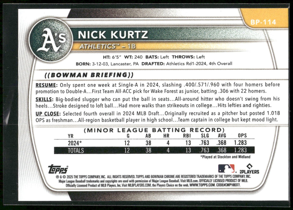 2025 Bowman #BP-114 Nick Kurtz Prospects