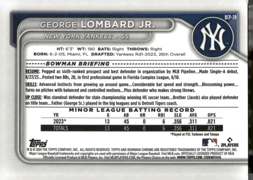 2024 Bowman #BCP-79 George Lombard Jr. Chrome Prospects