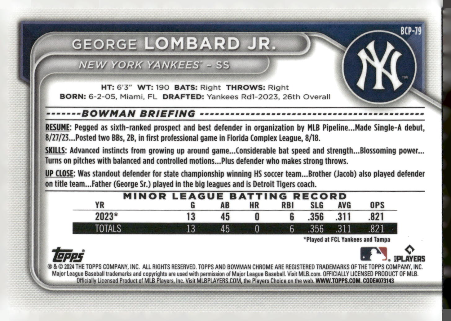 2024 Bowman #BCP-79 George Lombard Jr. Chrome Prospects