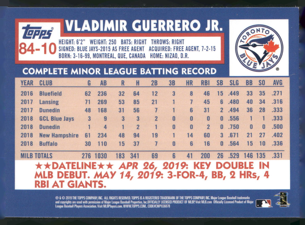 2019 Topps Update #84-10 Vladimir Guerrero Jr. 1984 Topps Baseball
