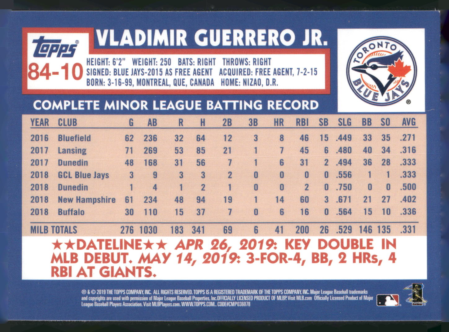 2019 Topps Update #84-10 Vladimir Guerrero Jr. 1984 Topps Baseball