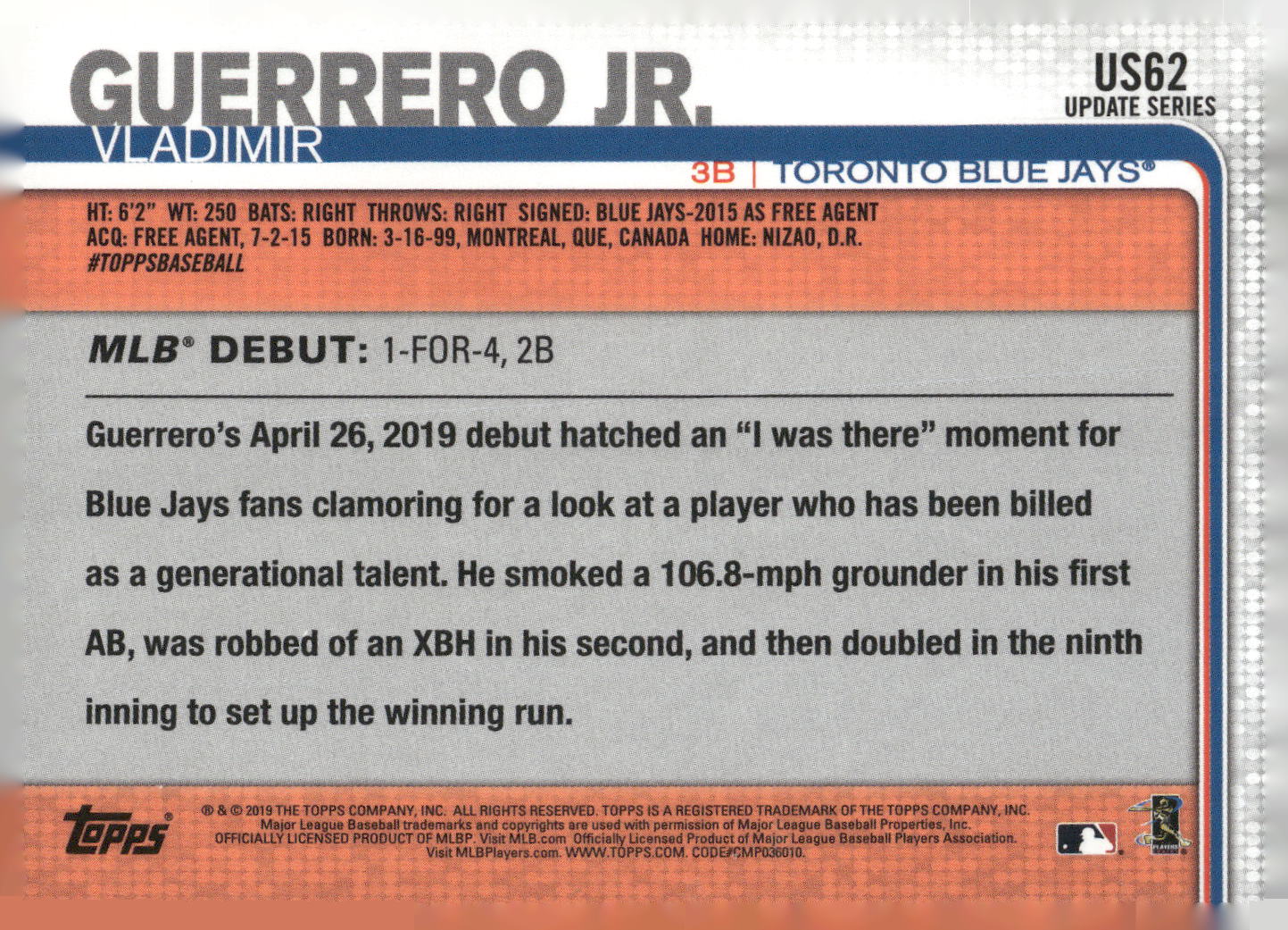 2019 Topps Update #US62 Vladimir Guerrero Jr.