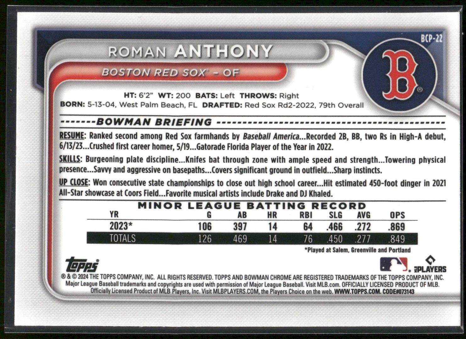 2024 Bowman #BCP-22 Roman Anthony Chrome Prospects