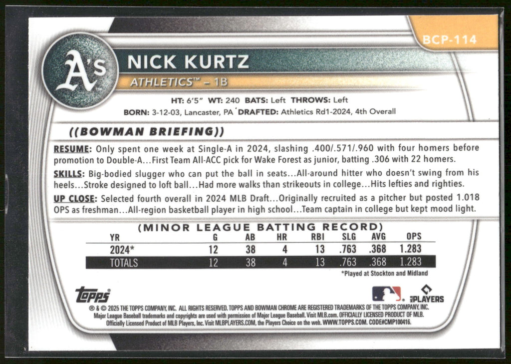 2025 Bowman #BCP-114 Nick Kurtz Chrome Prospects