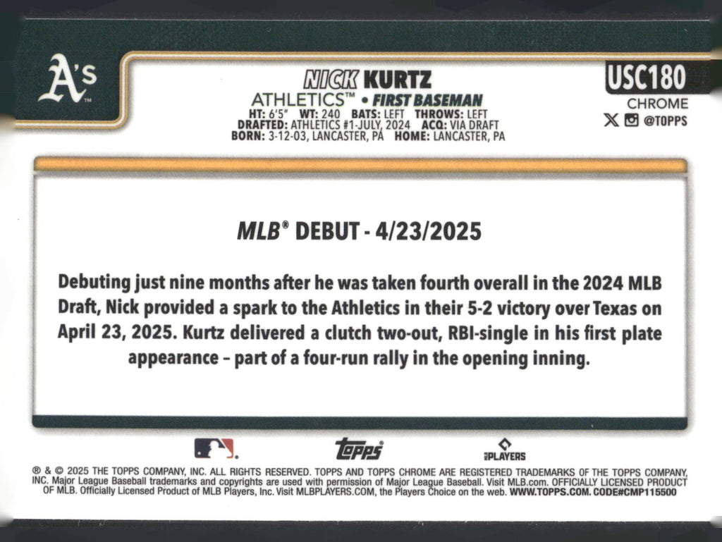2025 Topps Chrome Update #USC180 Nick Kurtz