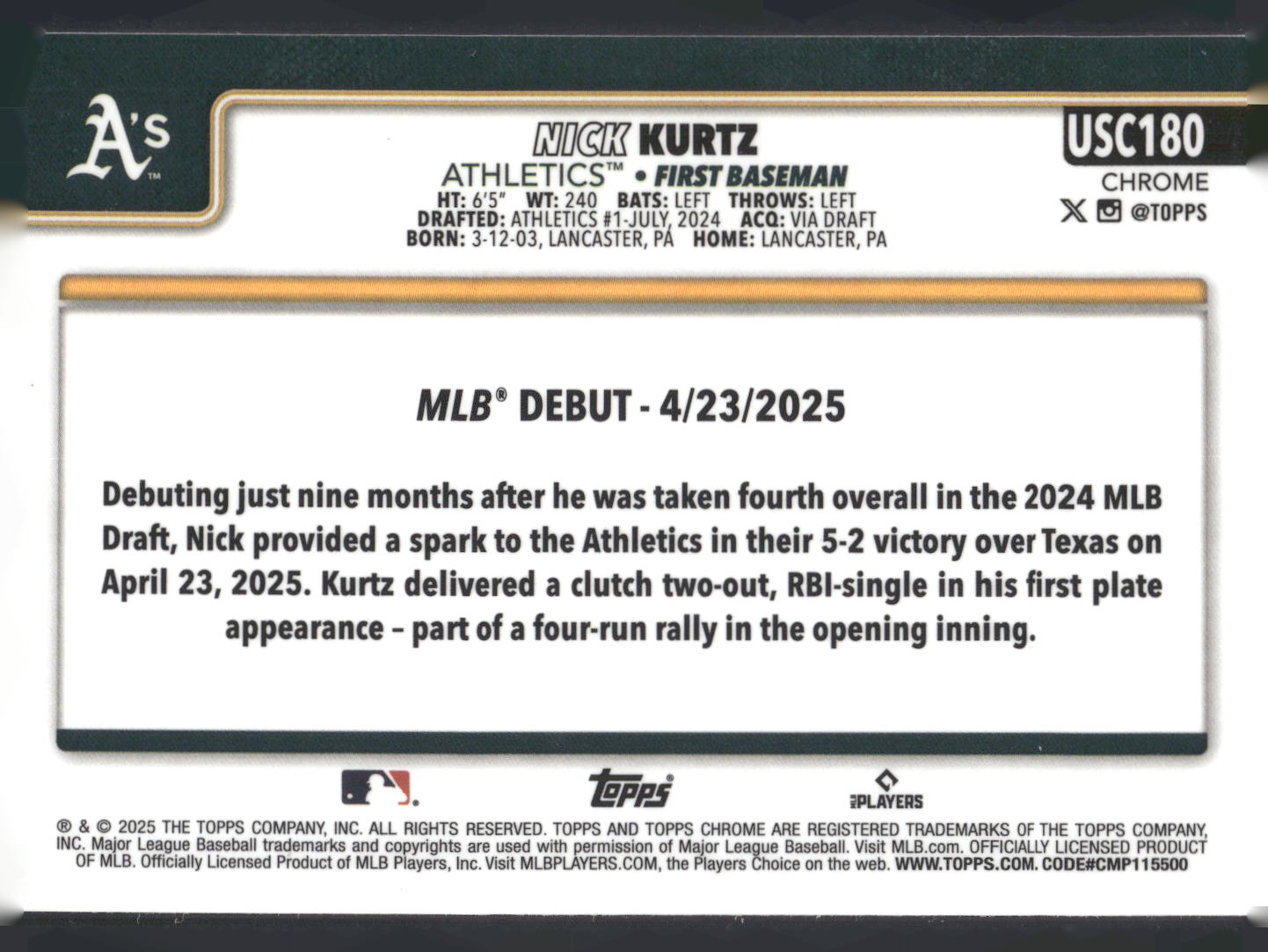 2025 Topps Chrome Update #USC180 Nick Kurtz