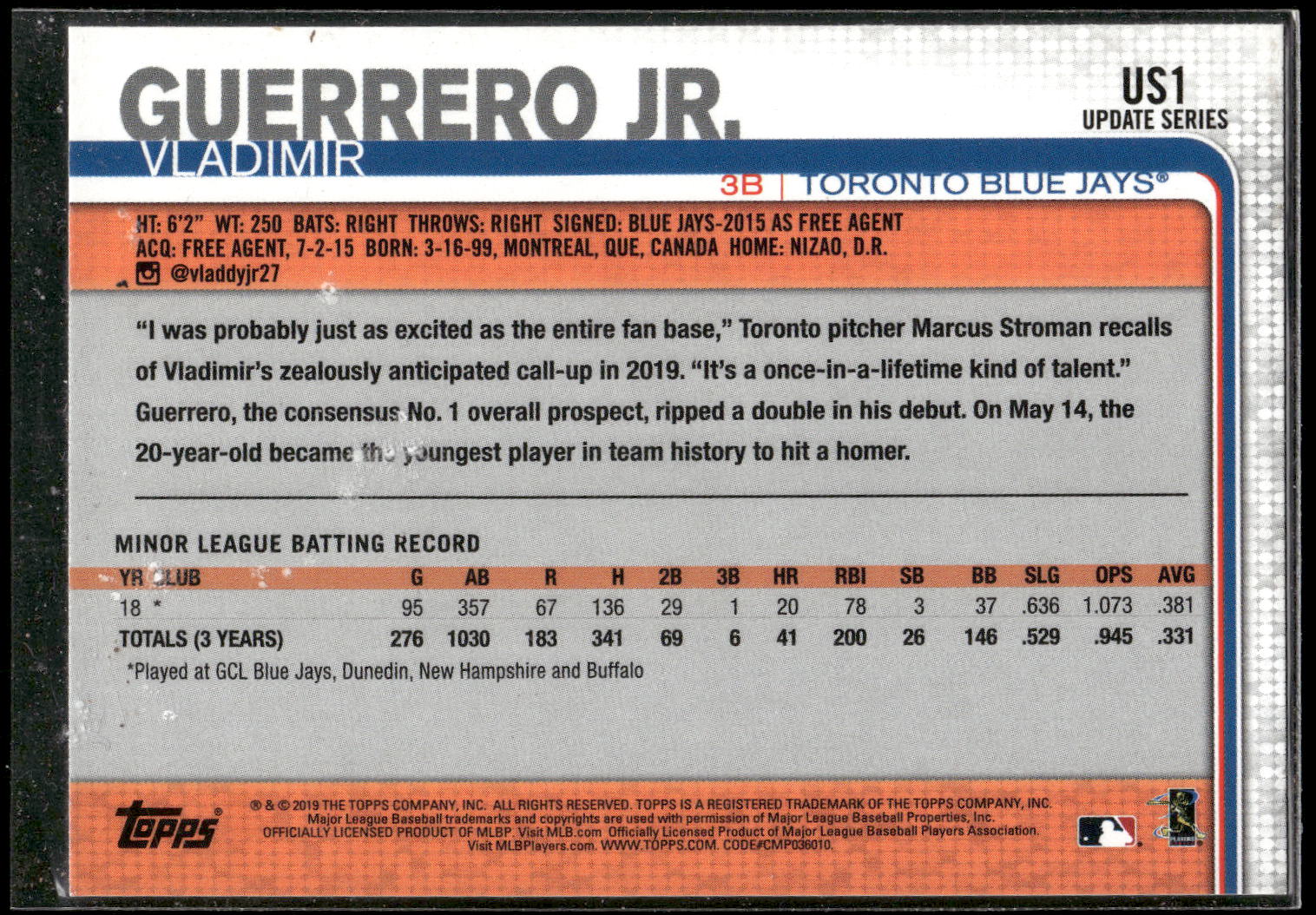 2019 Topps Update #US1 Vladimir Guerrero Jr.