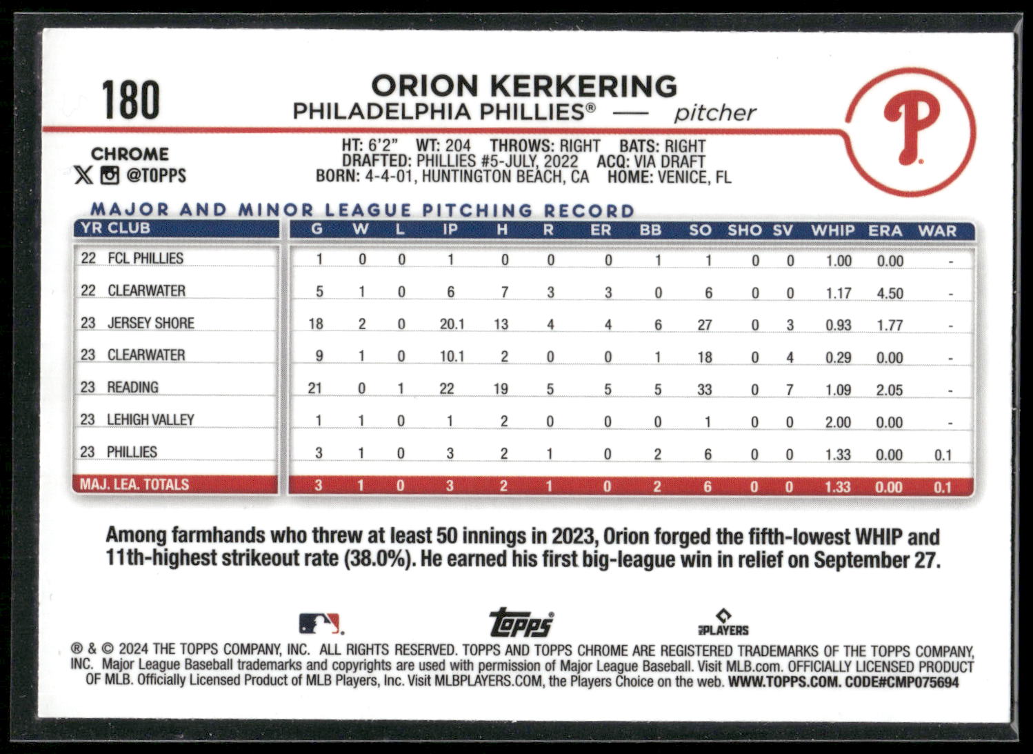 2024 Topps Chrome #180 Orion Kerkering Raywave Refractors