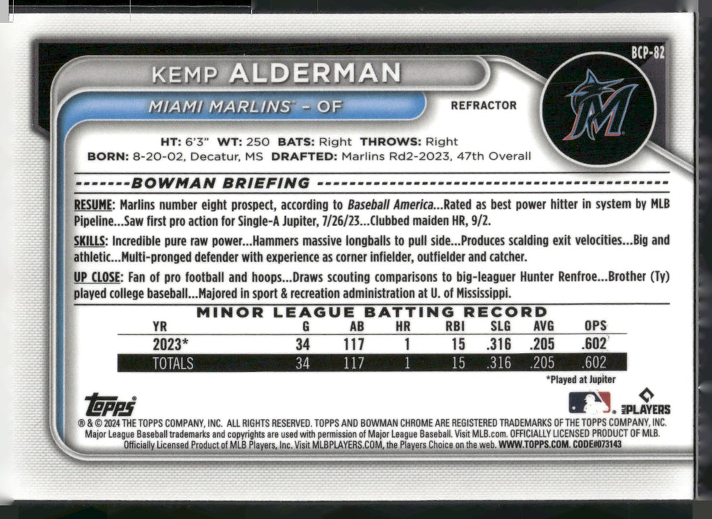 2024 Bowman #BCP-82 Kemp Alderman Chrome Prospects Refractors #/499