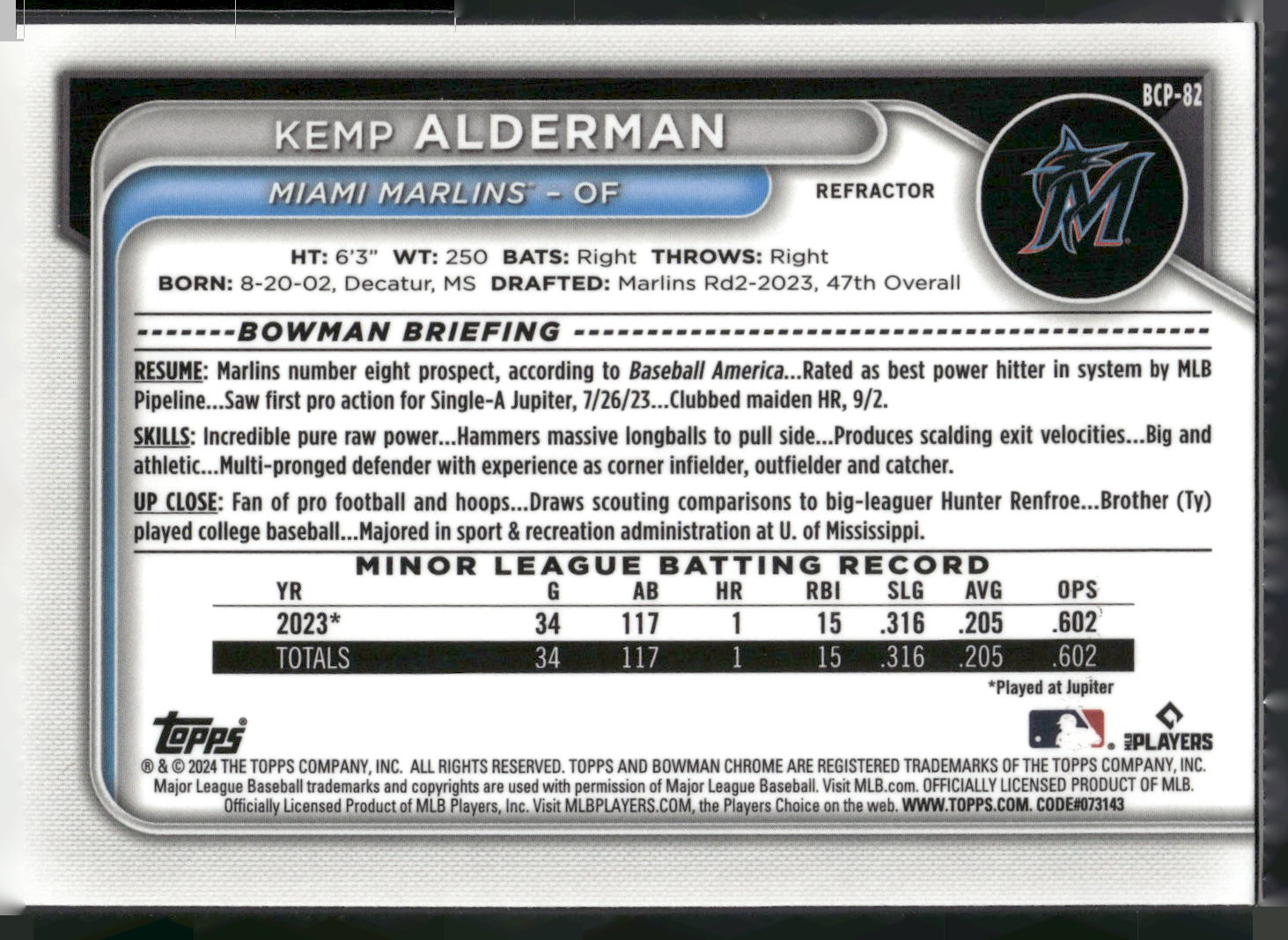 2024 Bowman #BCP-82 Kemp Alderman Chrome Prospects Refractors #/499