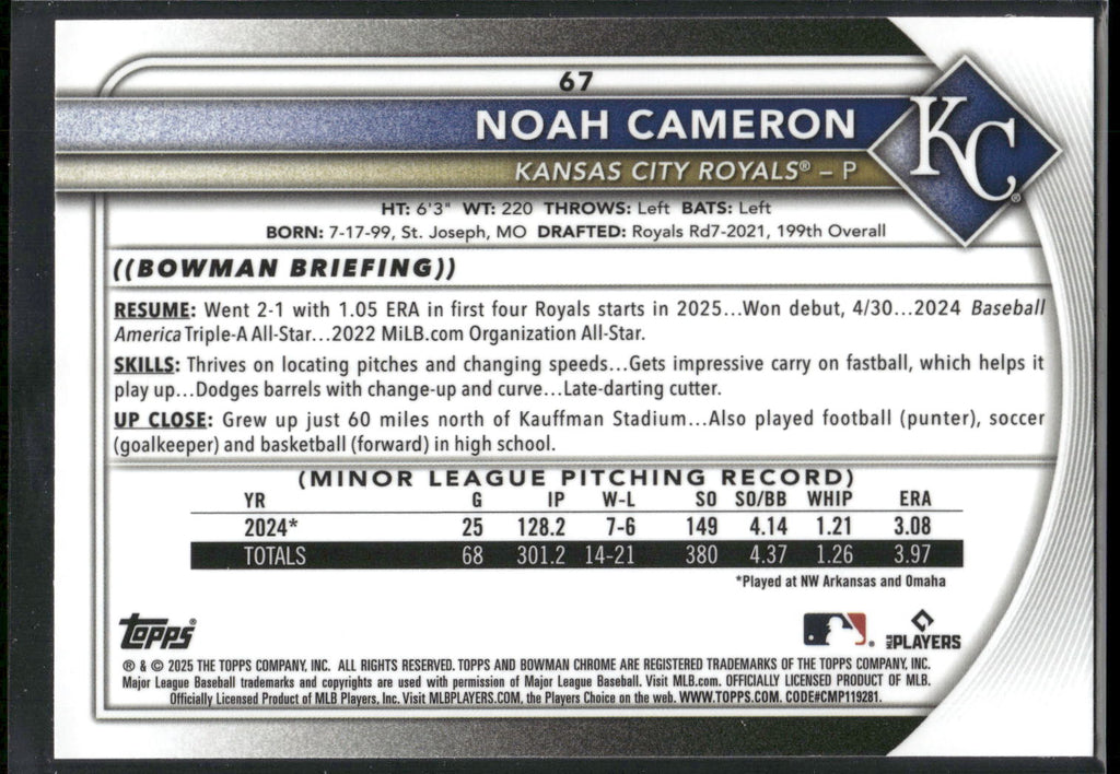 2025 Bowman Chrome #67b Noah Cameron