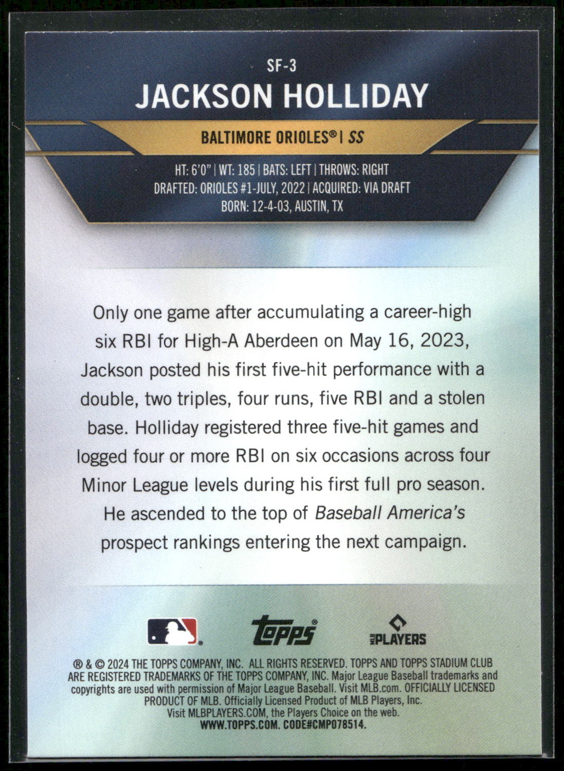 2024 Stadium Club #SF-3 Jackson Holliday Special Forces