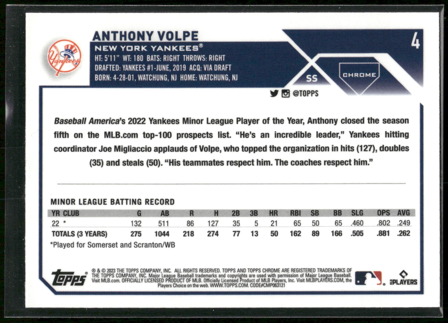 2023 Topps Chrome #4 Anthony Volpe