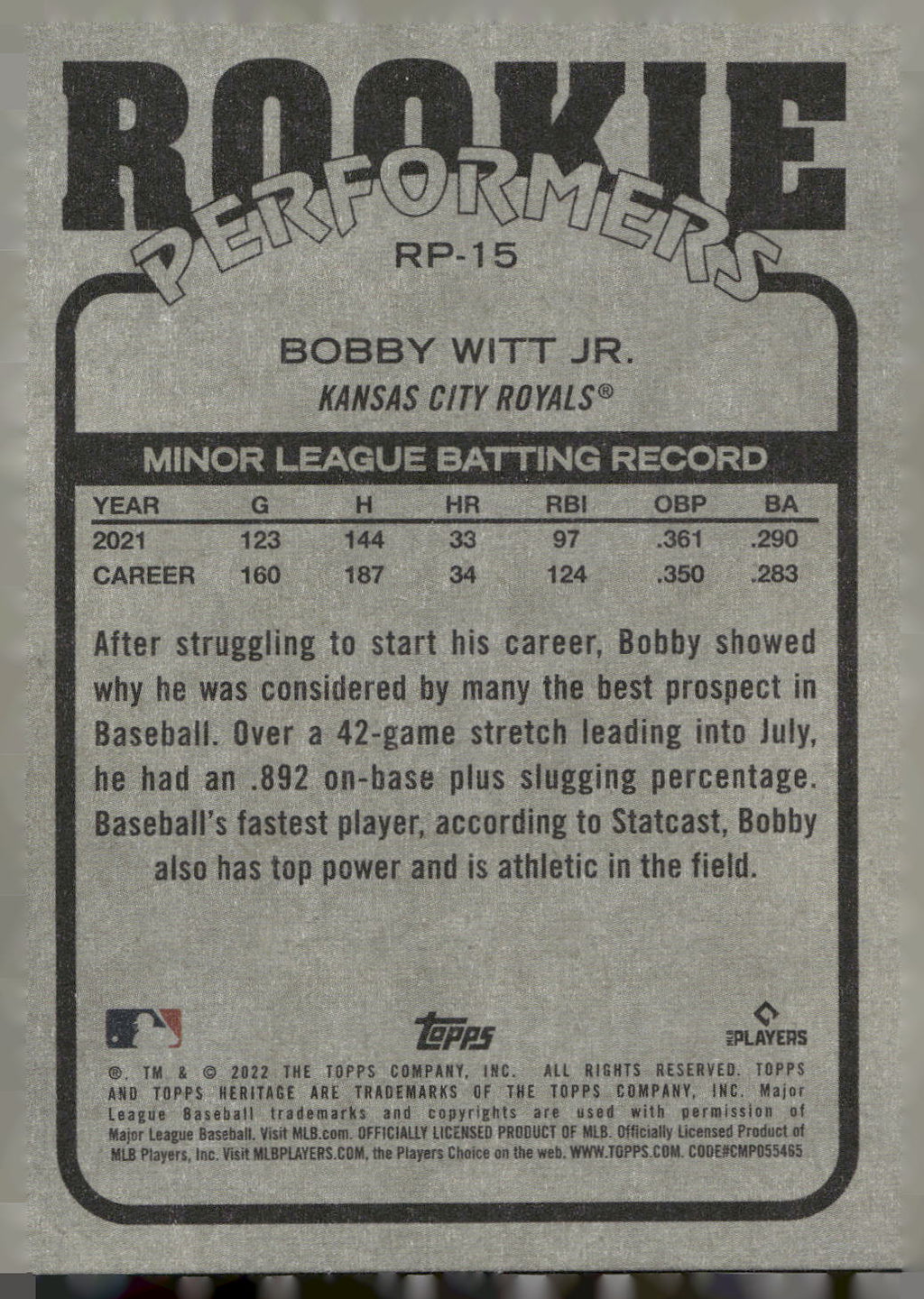 2022 Topps Heritage #RP-15 Bobby Witt Jr. Rookie Performers