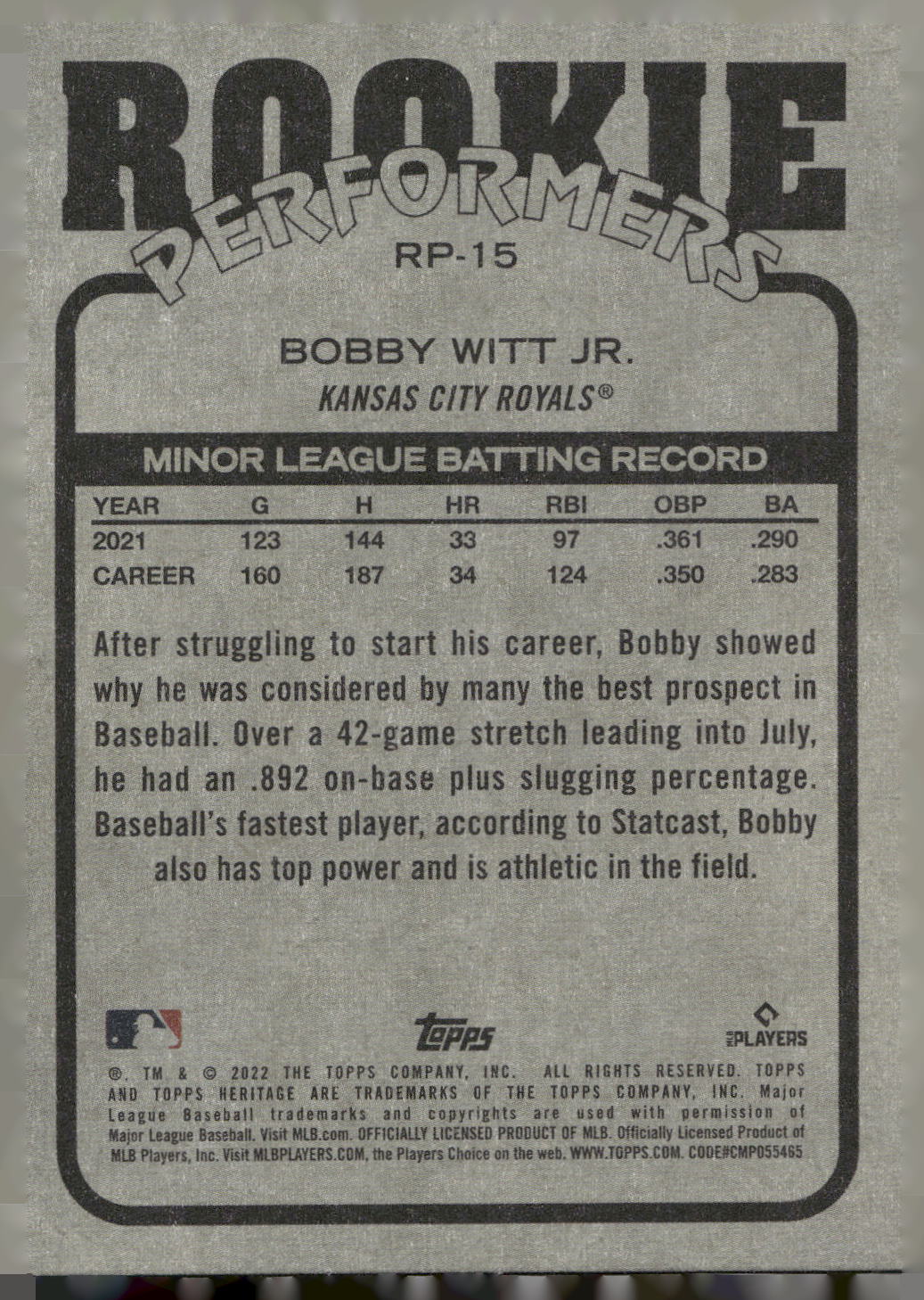 2022 Topps Heritage #RP-15 Bobby Witt Jr. Rookie Performers