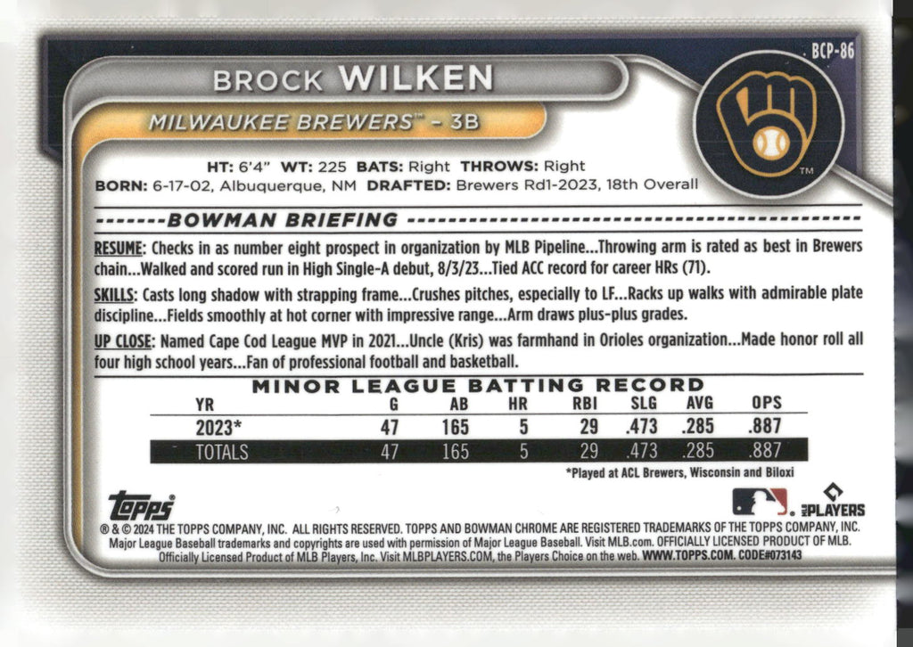 2024 Bowman #BCP-86 Brock Wilken Chrome Prospects