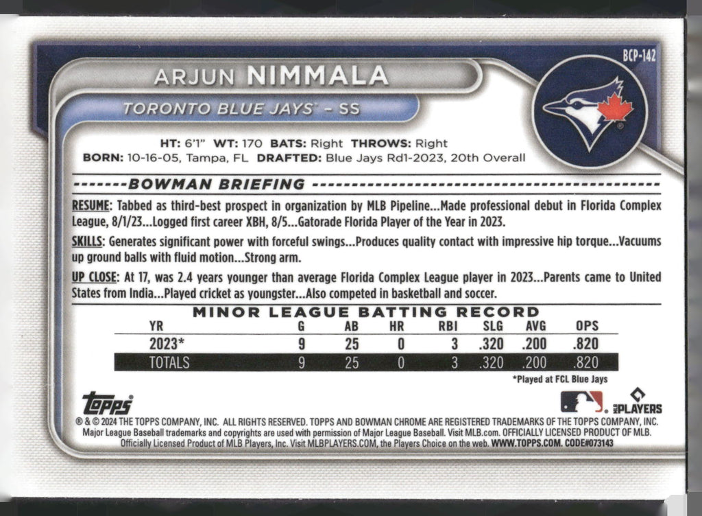 2024 Bowman #BP-142 Arjun Nimmala Prospects
