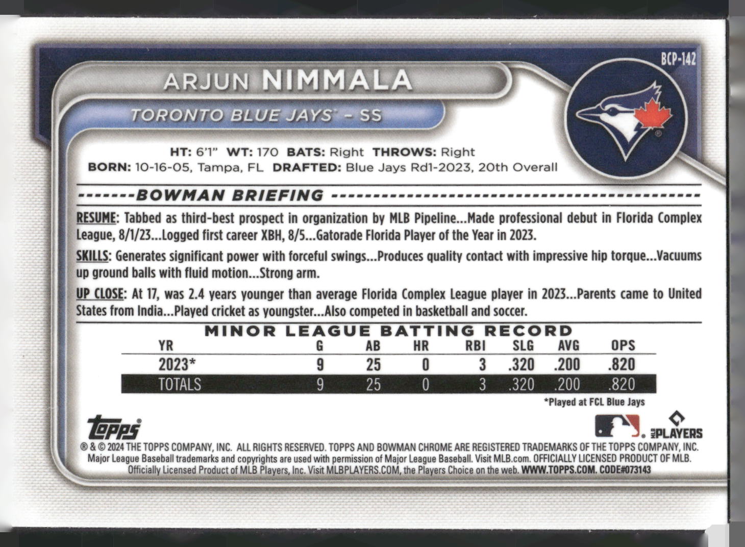 2024 Bowman #BP-142 Arjun Nimmala Prospects