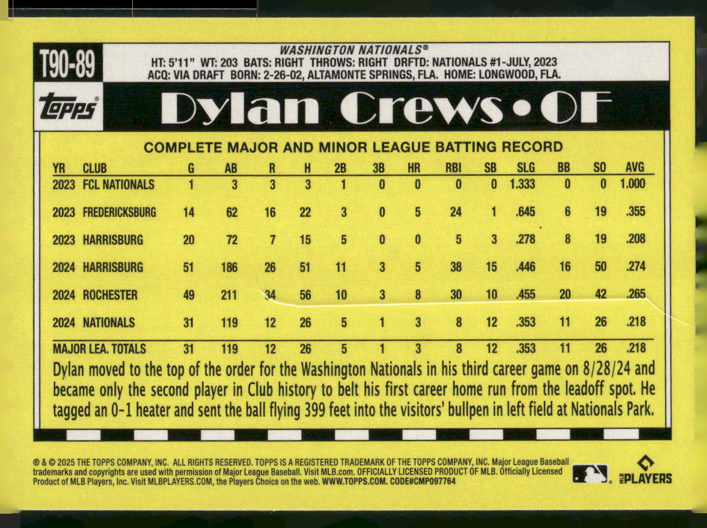2025 Topps #T90-89 Dylan Crews 1990 Topps Baseball 35th Anniversary (Series One)