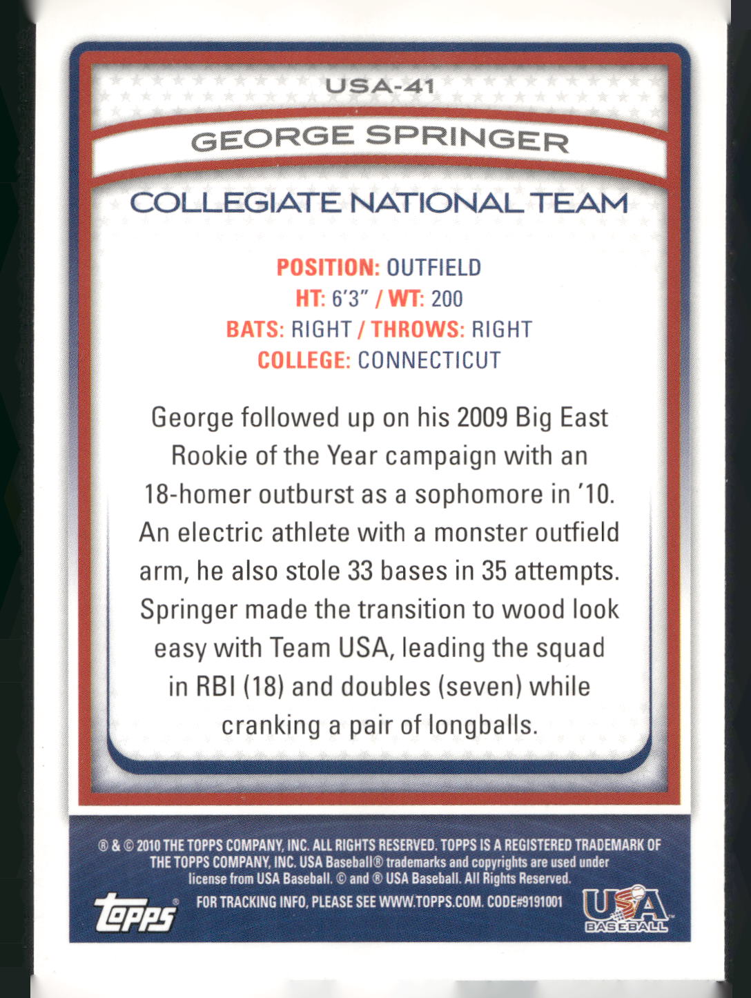 2010 Topps USA Baseball #USA-41 George Springer