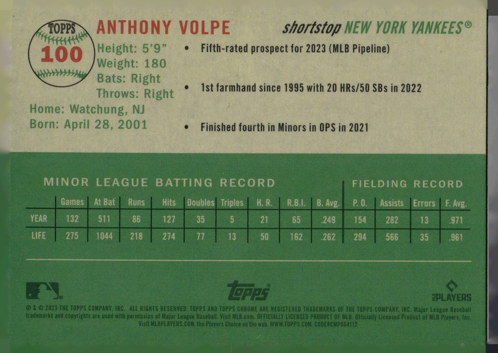2023 Topps Chrome Platinum Anniversary #100 Anthony Volpe