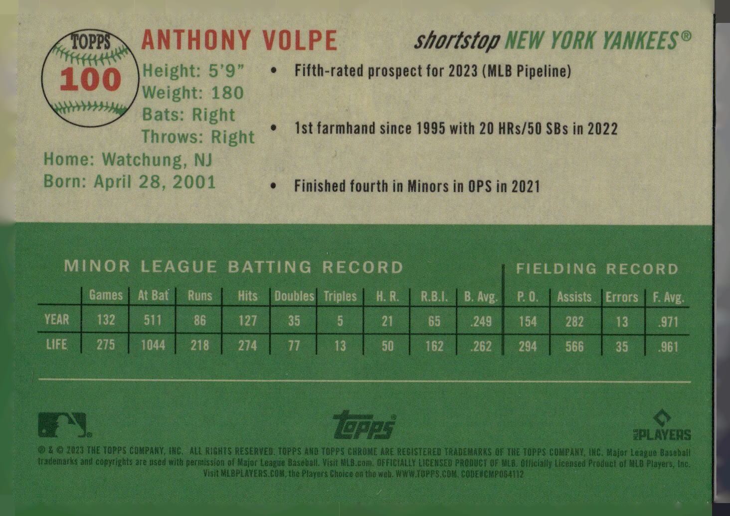 2023 Topps Chrome Platinum Anniversary #100 Anthony Volpe