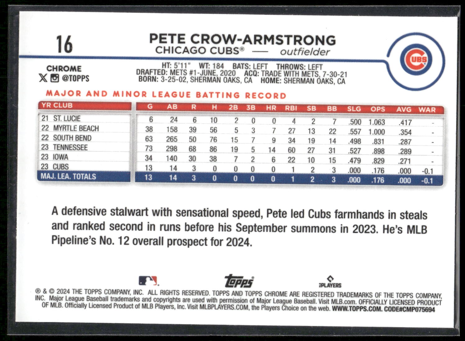 2024 Topps Chrome #16 Pete Crow-Armstrong