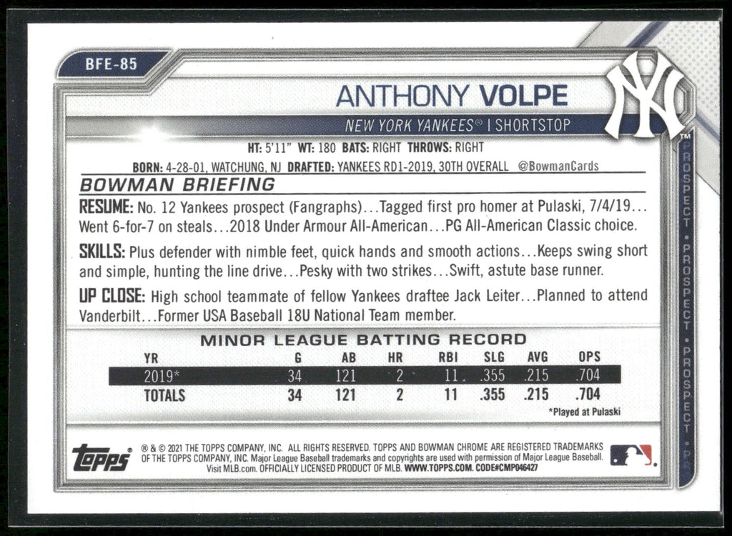 2021 Bowman 1st Edition #BFE-85 Anthony Volpe
