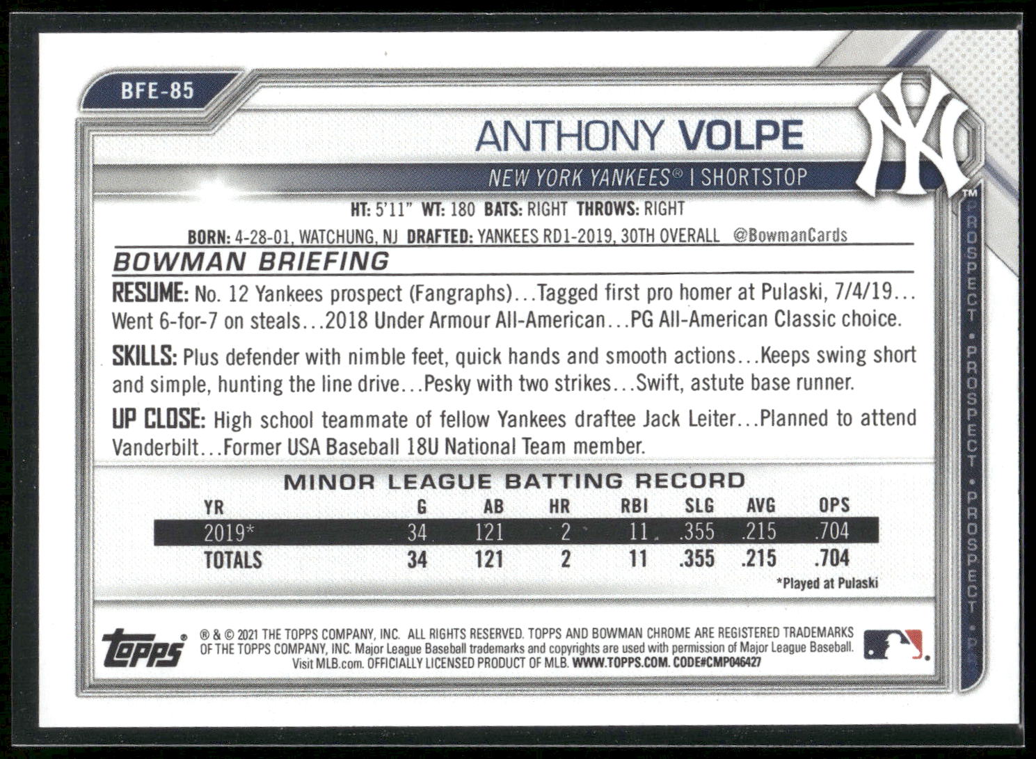 2021 Bowman 1st Edition #BFE-85 Anthony Volpe
