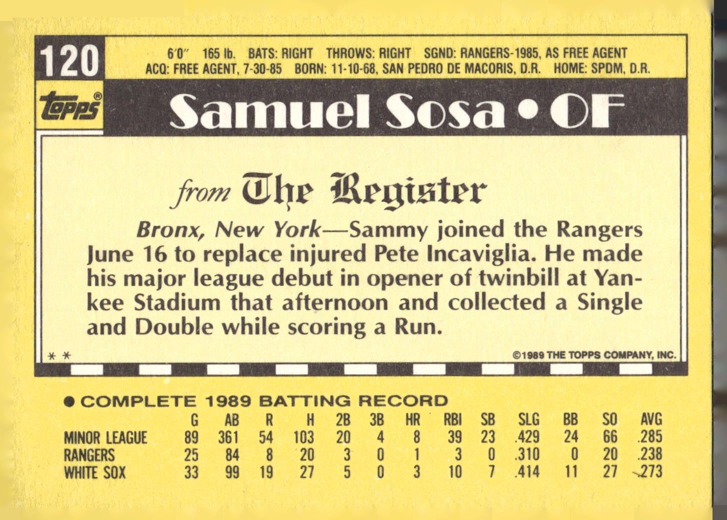 1990 Topps Major League Debut 1989 #120 Sammy Sosa
