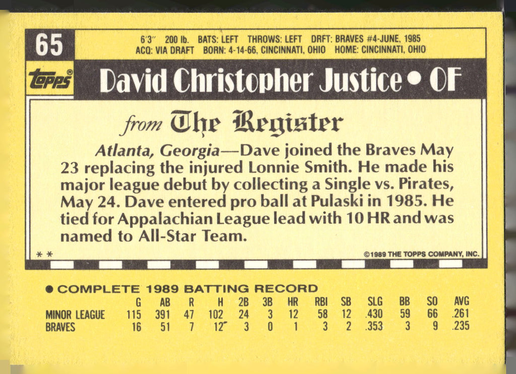 1990 Topps Major League Debut 1989 #65 Dave Justice