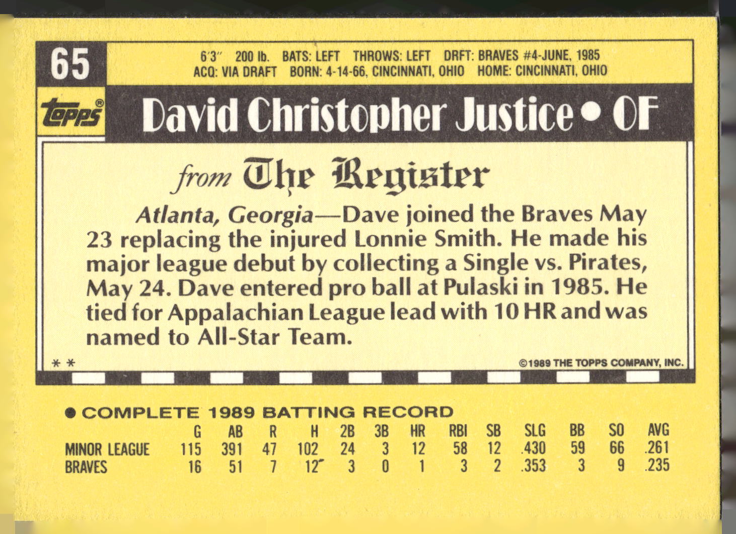 1990 Topps Major League Debut 1989 #65 Dave Justice