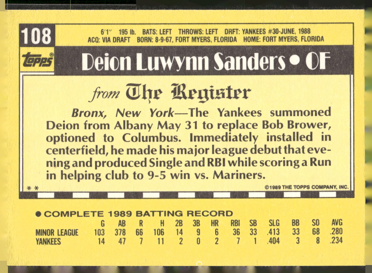 1990 Topps Major League Debut 1989 #108 Deion Sanders