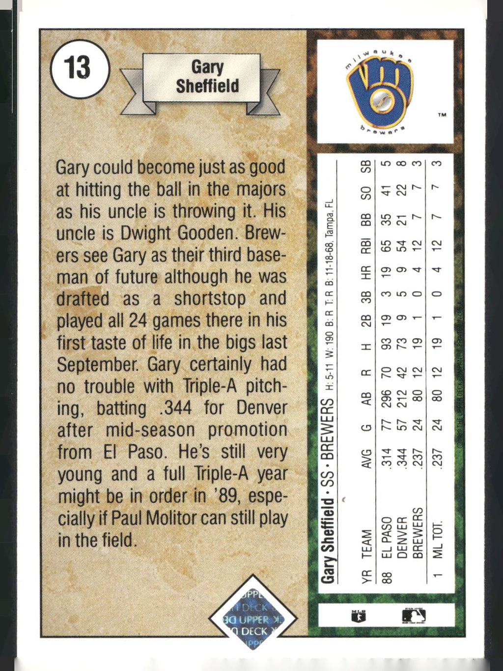 1989 Upper Deck #13a Gary Sheffield